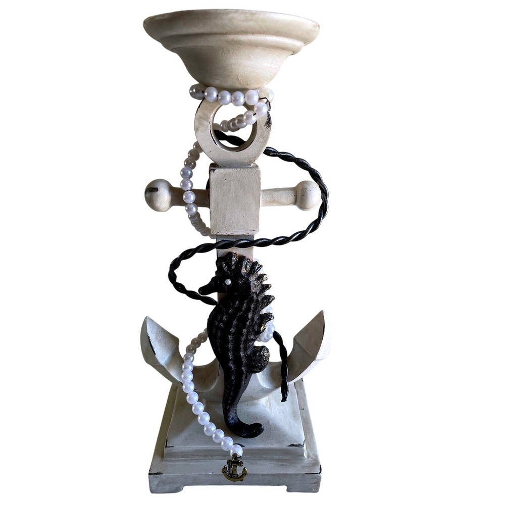The Aegis Nautical Anchor Pillar - Hand-Embellished Coastal Seahorse Sculpture